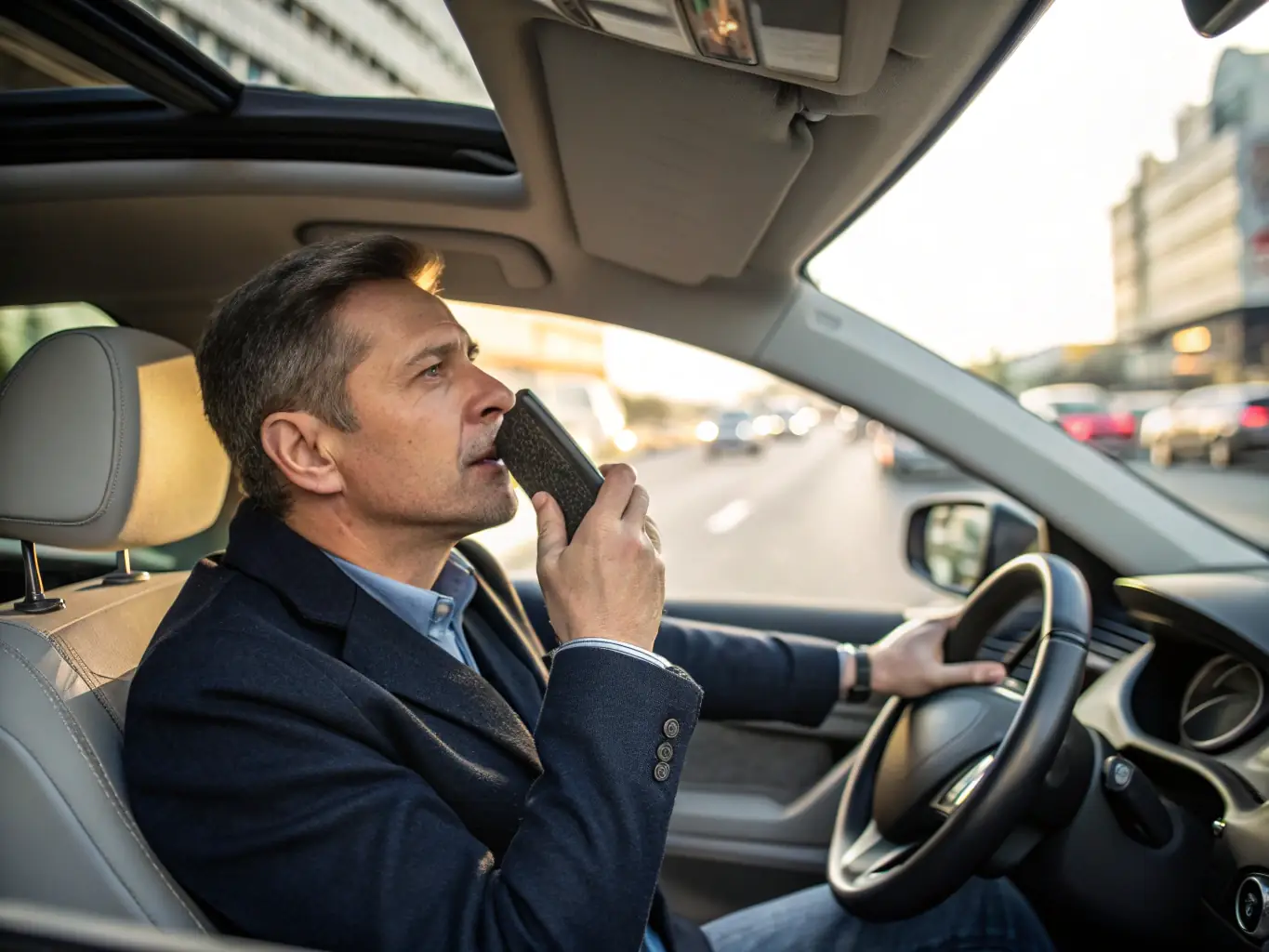 A real estate agent sitting in their car, using voice commands to create and launch a personalized marketing campaign for a new listing. The image highlights the multitasking capabilities of the technology.