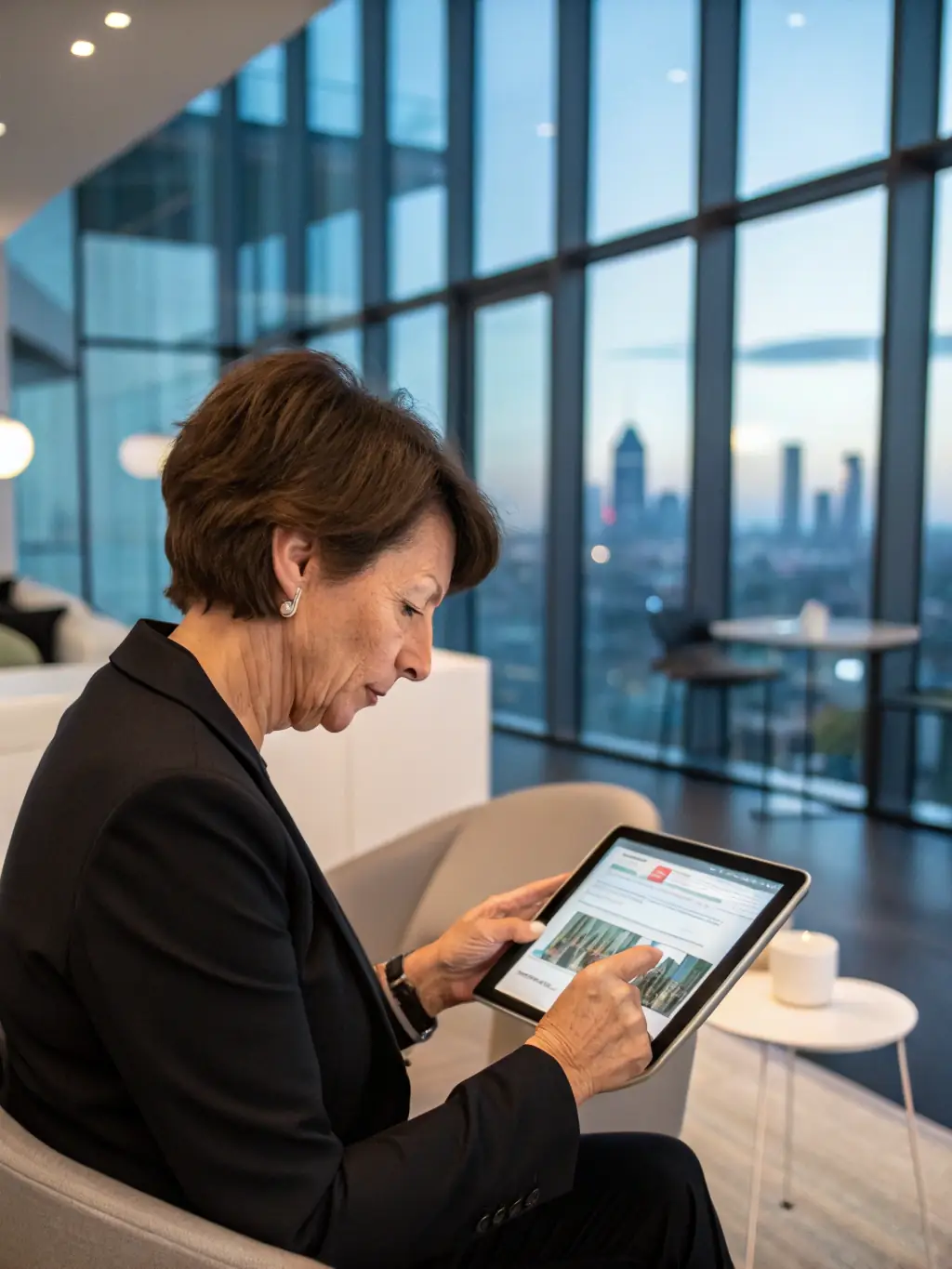 A real estate agent efficiently managing marketing tasks on a tablet while at a property showing, showcasing the ease of use and time-saving benefits of Marketing Titan.